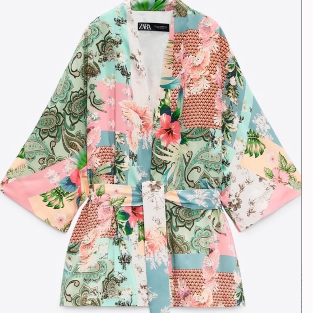 Zara Patchwork Printed Kimono with Tie Belt size Small